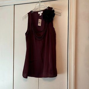 New Loft Tank, Burgundy - Attached Fabric Necklace and Flower, Tie Neck …